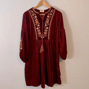 Bombay paisley size small long sleeve embroidered  burgundy velvet dress floral